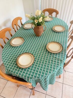 Vintage Reversible Tablecloth 64x92 Green Cream French Country Cottage Farmhouse